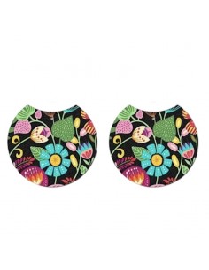 Coppia di pendenti in legno tondi sfondo nero con fiori...