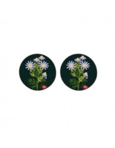 Coppia di cabochons in legno sfondo blu con fiorellini...