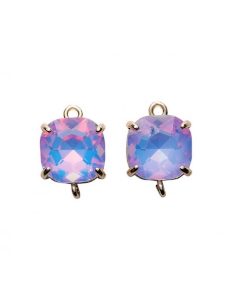 Coppia di Charms connettori dorati con vetro sfaccettato quadrato lilla 18x12 mm