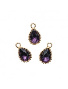 Charm dorato a goccia con strass ametista 13x8mm, x 1