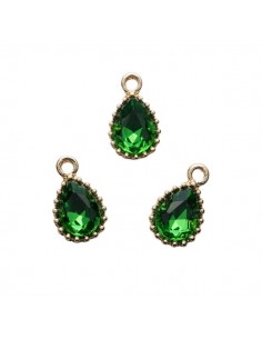 Charm dorato a goccia con strass verde brillante 13x8mm, x 1