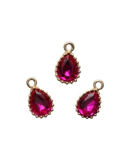 Charm dorato a goccia con strass verde fuxia 13x8mm, x 1