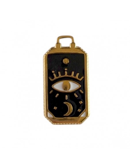 Charm rettangolare in acciaio dorato smaltato nero con occhio della fortuna e luna 26x14 mm, x 1