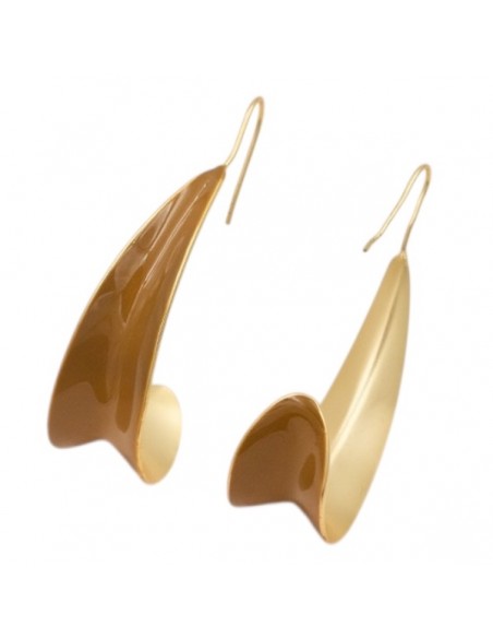 Orecchini dorati a monachella "Curve Earring" petalo ricurvo smaltati Khaki 50x25mm,  una coppia