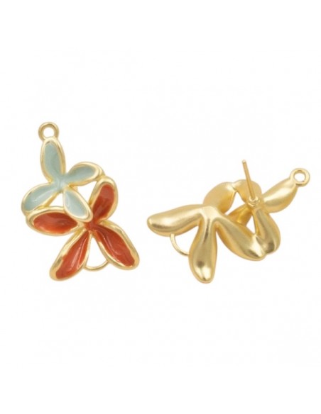Orecchini a perno dorati fiori doppi carta da zucchero e rame 30x18mm, una coppia