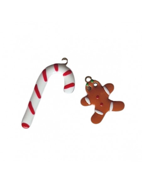 Coppia di Charms smaltati ginger e bastoncino Candy Cane rigato rosso