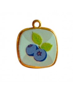 Charm medaglietta dorato quadrato azzurro con mirtilli...