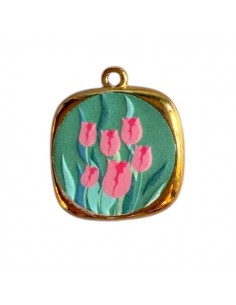 Charm medaglietta dorato quadrato azzurro con fiorellini...