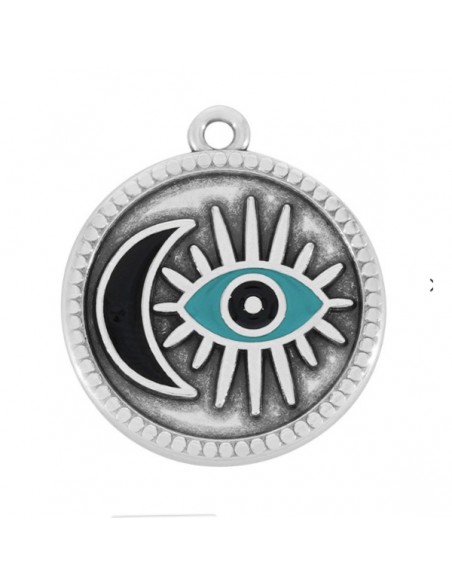 Charm argento anticato rotondo con al centro occhio smaltato bianco e luna 22 mm, x 1