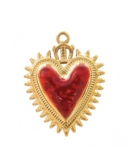 Charm cuore sacro dorato con smaltatura centrale rossa 21X29 mm, x 1