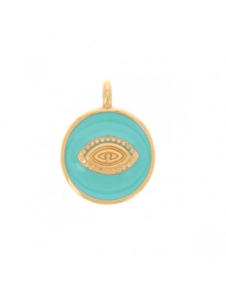 Charm dorato placchetta smaltata turchese con al centro occhio 18mm, x 1