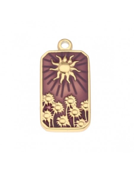 Charm medaglietta dorata smaltata borgogna con motivo sole e fiori 26x13mm,x 1