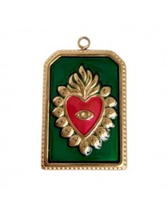 Charm rettangolare in acciaio dorato smaltato verde con...