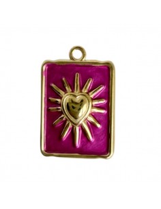 Charm rettangolare in acciaio dorato smaltato fuxia con...