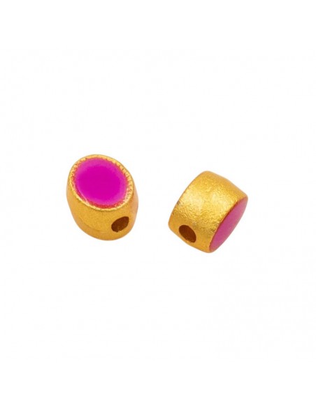 Perlina ovale dorata matt con smaltatura centrale magenta 5x4mm con foro 1,5mm, x 1