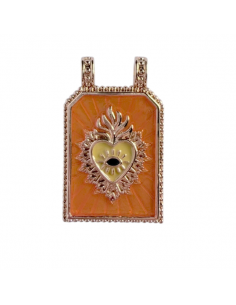 Charm rettangolare in acciaio dorato smaltato arancio con...