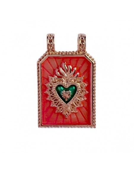 Charm rettangolare in acciaio dorato smaltato arancio rosso con cuore sacro verde 28x18 mm, x 1