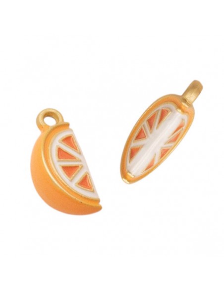 Charm in ottone dorato smaltato fetta di arancia in 3D 13x7 mm circa, x 1
