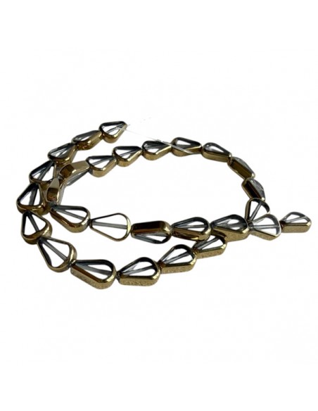 Filo di perline in vetro a goccia trasparente grigio con bordo oro anticato, 11x7mm