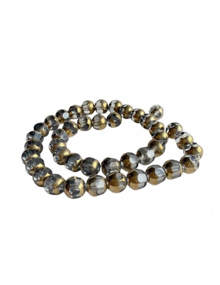 Filo di perline in vetro a tonda leggermente sfaccettata trasparente grigio con bordo oro anticato, circa 8mm