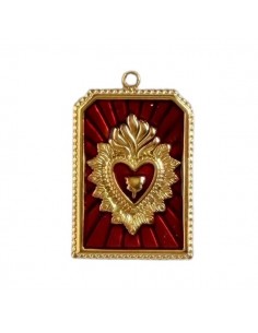 Charm rettangolare in acciaio dorato smaltato rosso con...