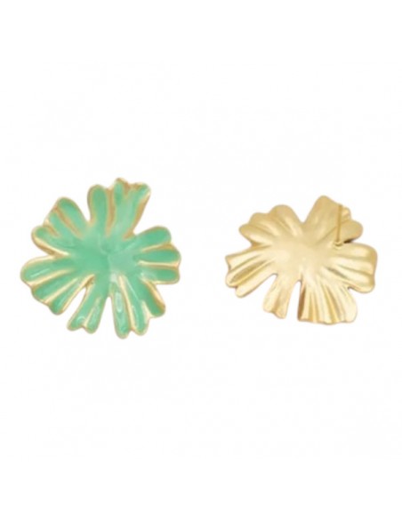 Orecchini dorati fiore stilizzato smaltato turchese 33mm, una coppia