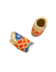 Perlina tubolare pesce smaltato blu e arancio 15x8mm,...
