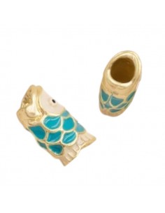 Perlina tubolare pesce smaltato turchese e panna 15x8mm,...