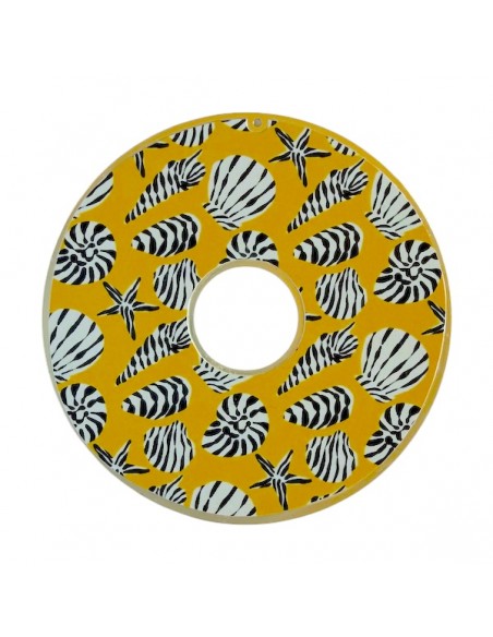 Grande Charm cerchio con stampe marine sfondo giallo con conchiglie bianche e nere 60mm, x 1
