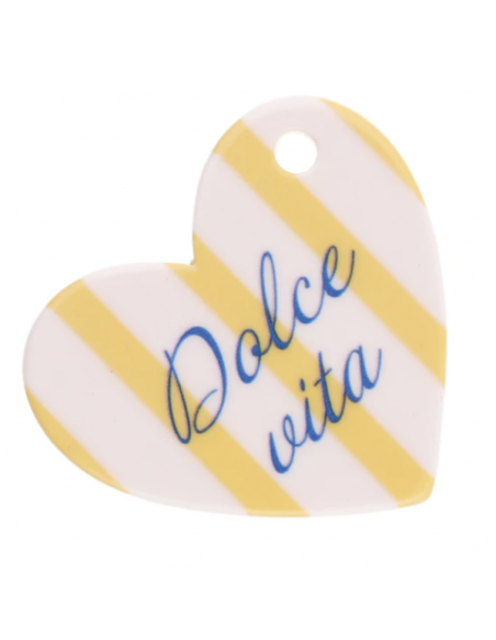 Charm cuore a righe panna e gialle con scritta "Dolce Vita", 39x45mm, x 1