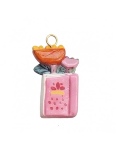 Charm  libro"Pagine e Pelati" rosa con bouquet di fiori arancio 20x8 mm, x 1