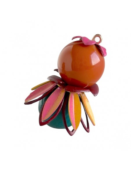 Charm "Le Bacche" di Koccode fatto a mano con perle in resina ottanio e rame, fiori vintage rosa e prugna 36x26 mm, x 1