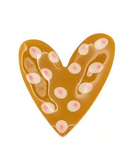Charm connettore cuore dorato leggermente incurvato matt mostarda con grandi pois 35x30mm, x 1