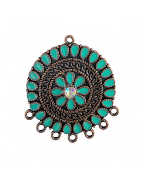 Charm ramato connettore con 7 anellini nella parte inferiore smaltato verde giada 28x33 mm,  x 1