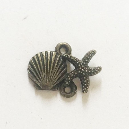 Charm in metallo bronzato, connettore, stella marina e conchiglia 14x18 mm, x 1