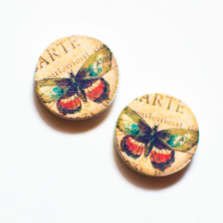 Coppia di cabochons tondi con disegno British Style farfalla 15 mm