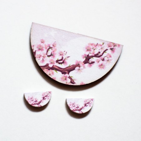 Set di Cabochons in legno fatto e dipinto a mano Mezza Luna Ramo di ciliegio in fiore perfetti per collana e orecchini