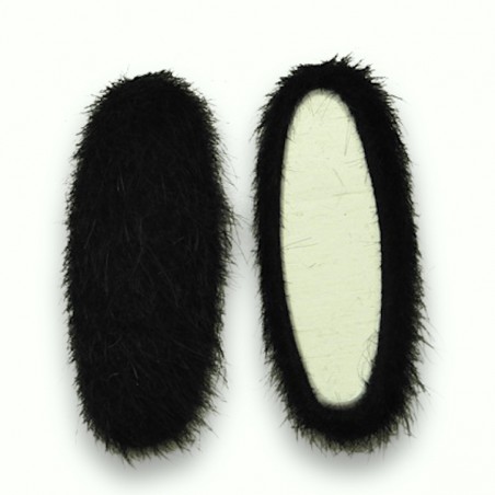 Coppia di cabochons ovali in pelo sintetico color nero con retro piatto metallico argentato 36x16 mm, una coppia