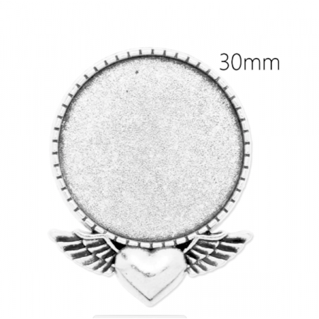 Spilla per abiti argentata antica tondo con cuore con ali, portacabochon da30 mm
