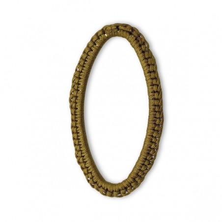 Pendente anello dorato piatto ovale con ricamo in macramè color ocra 44x24mm, x 1