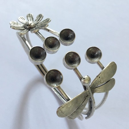 Bracciale regolabile con libellula e fiore ottone galvanizzato argento antico con 6 portacabochons 7 mm