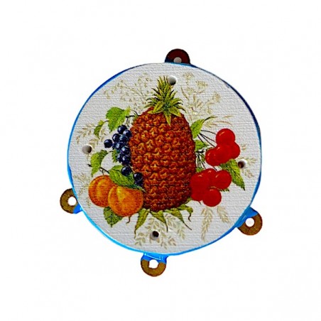 Charm tamburello siciliano con disegno di frutta  e bordato in azzurro con tre anellini 35x45 mm, x 1
