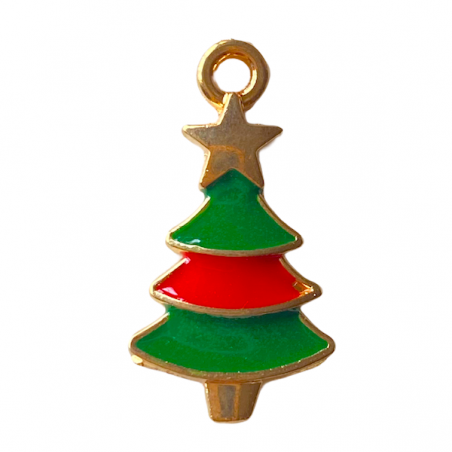 Charm dorato Albero di Natale smaltato solo da un lato verde e rosso 11x21mm, x 1